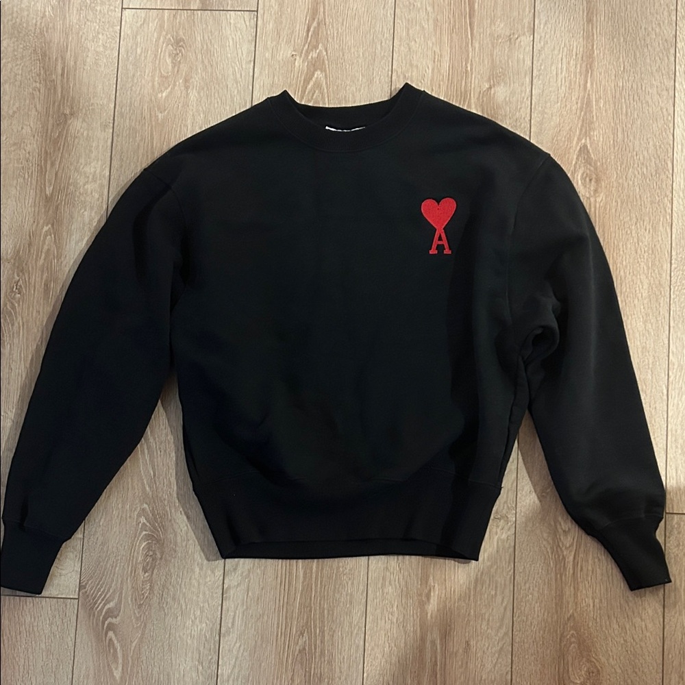 Ami Black Crewneck Sweater with Red Heart Emblem